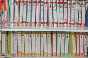 une bibliotheque contenant des boîtes contenant différents outils pédagogiques