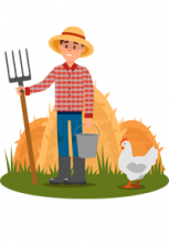 Illustration d'une fermier avec un seau et une fourche, et d'une poule devant des tas de paille