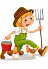 Illustration de deux poules et d'un fermier avec une fourche dans une main et un seau dans l'autre