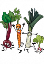 Légumes personnifiés : navet, carotte, poireau et radis