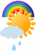 Illustrations d'un arc en ciel, d'un soleil et d'un nuage avec deux gouttes d'eau