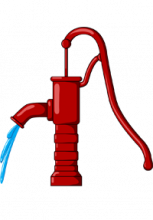 Illustation d'une pompe à eau manuelle rouge avec de l'eau qui en coule