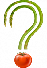 Illustration d'un point d'interrogation composé d'une tomate en dessous de deux asperges