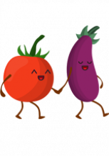 Illustration d'une tomate personnifiée tenant par la main une aubergine personnifiée 